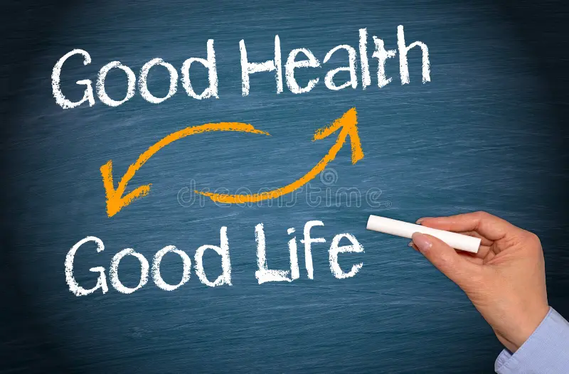good health good life female hand chalk writing text blue background 97044786 1